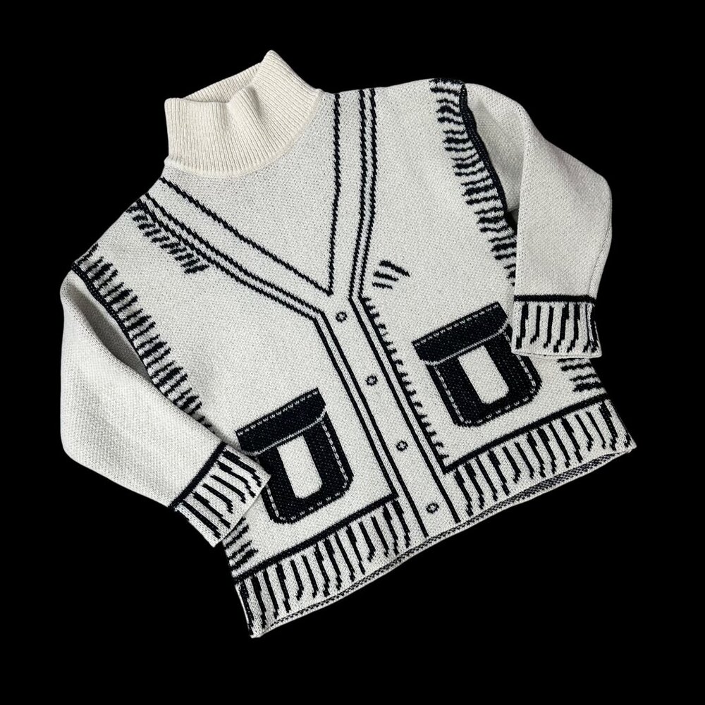 Cartoon Knit Sweater Graffiti Print Mock Neck Fake Pockets Cardigan Look Chunky